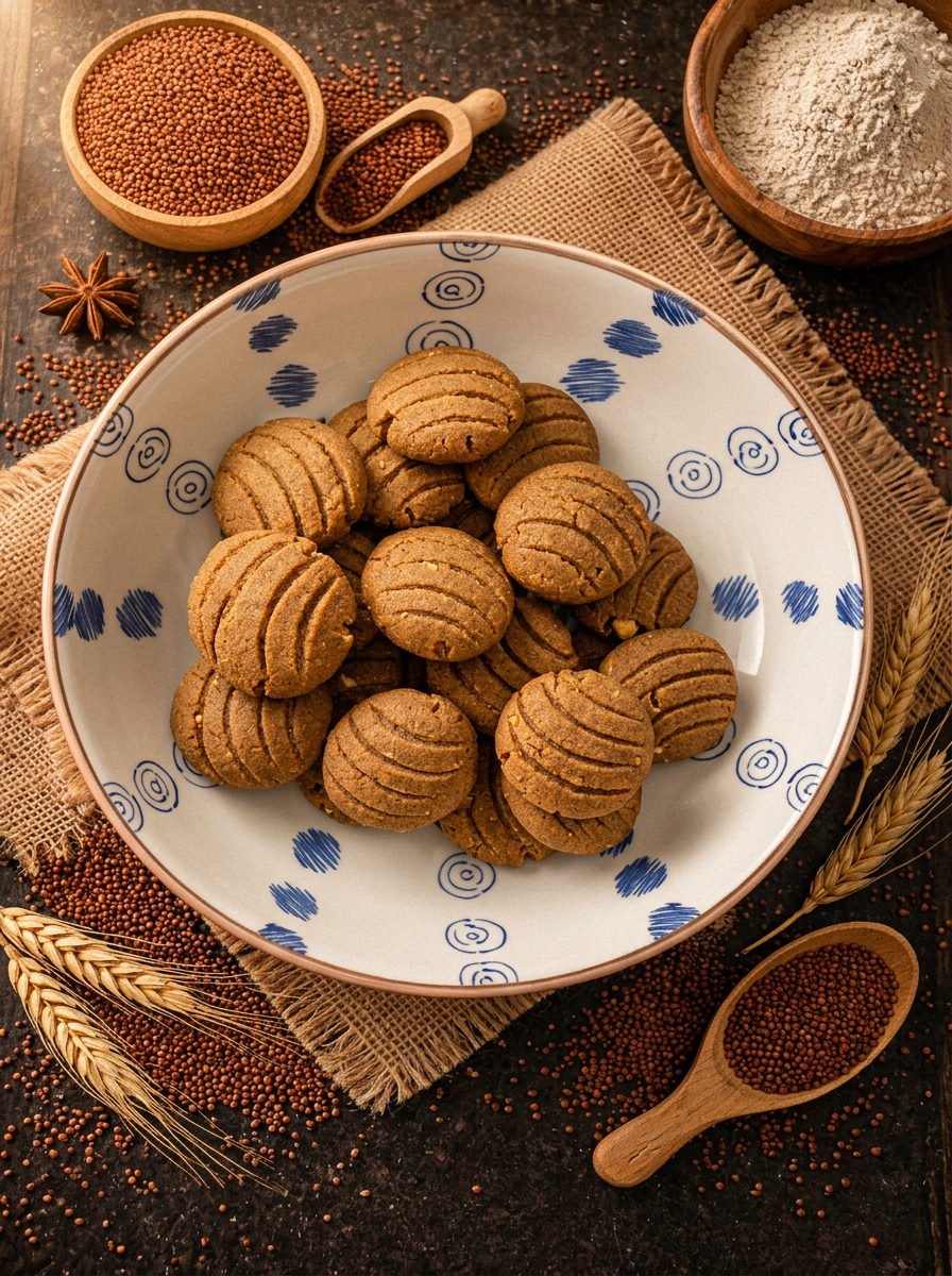 Homemade ragi millet cookies in a blue-patterned ceramic bowl on burlap, with millet grains and wheat sheaves